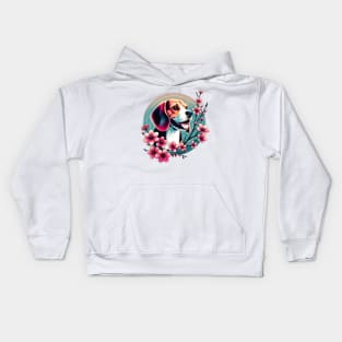 Joyful Beagle Amidst Spring Cherry Blossoms Kids Hoodie